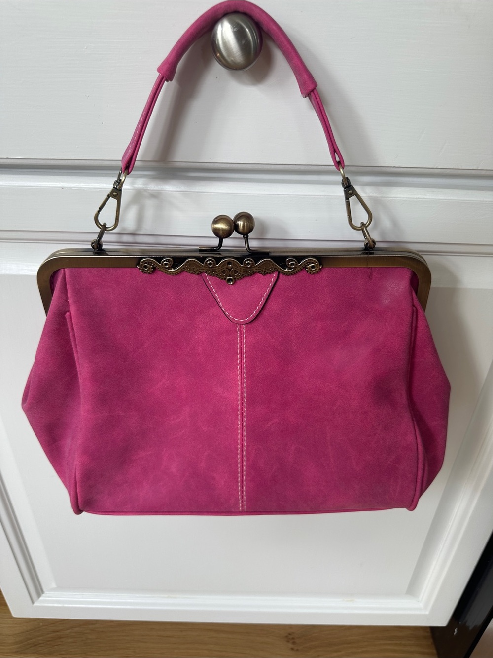 Vintage Pink Frame Clutch with Brass-Tone Trim and Handle